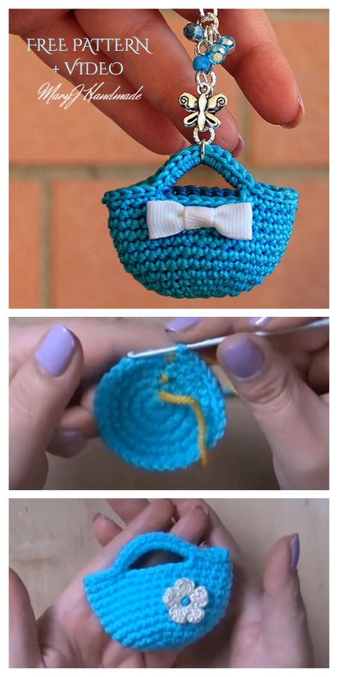 Mini Bag Keychain Free Crochet Patterns - DIY Magazine Pola Topi, Funny Keychain, Keychain Crochet, Crochet Keychain Pattern, Haken Baby, Crochet Tutorials, Crochet Purse, Crochet Keychain, Crochet Flower Patterns