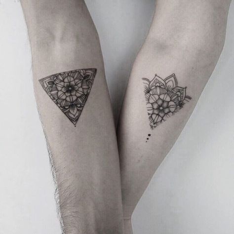 Matching Mandala Tattoos Couples, Couple Tattoos Love, Couples Tattoo Designs, Triangle Tattoos, Couple Tattoo, Sternum Tattoo, Mandala Tattoo Design, Arrow Tattoos, Friend Tattoos