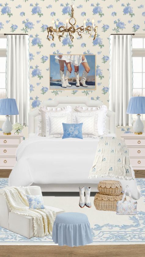 Blue and white love shack fancy inspired southern bedroom inspo! Fancy Bedroom Ideas, Southern Bedroom, Fancy Bedroom, Cottage Room, Big Girl Bedrooms, College Dorm Room Decor, Love Shack Fancy, Dorm Room Inspiration, White Love