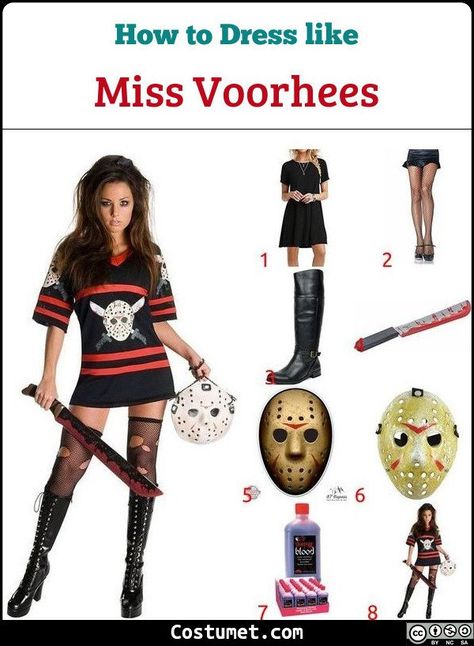 Miss Voorhees costume is a black dress with Jason's mask on it, ripped black net stockings, and long black boots.           #FridayThe13th #movies #female #scary #couple #villain #killer #Fridaythe13th Mrs Voorhees Costume, Jason Costume Women Diy, Jason Female Costume, Jason Voorhees Makeup Female, Womens Jason Costume, Jason Voorhees Costume Women, Diy Jason Costume Women, Jason Vorhees Costume Women, Jason Voorhees Costume Female