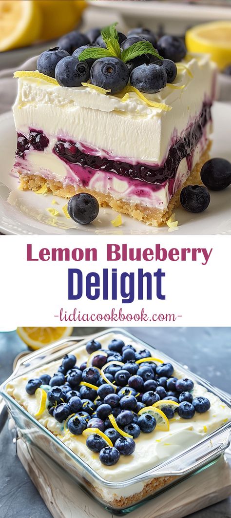 Lemon Blueberry Delight - Lidia's Cookbook No Bake Lemon Blueberry Delight, Graham Cracker Crust No Bake, Lemon Blueberry Dessert Recipes, Blueberry Lush, Cheesecake Blueberry, Fresh Blueberry Recipes, Blueberry Yum Yum, Pan Desserts, Lush Cake