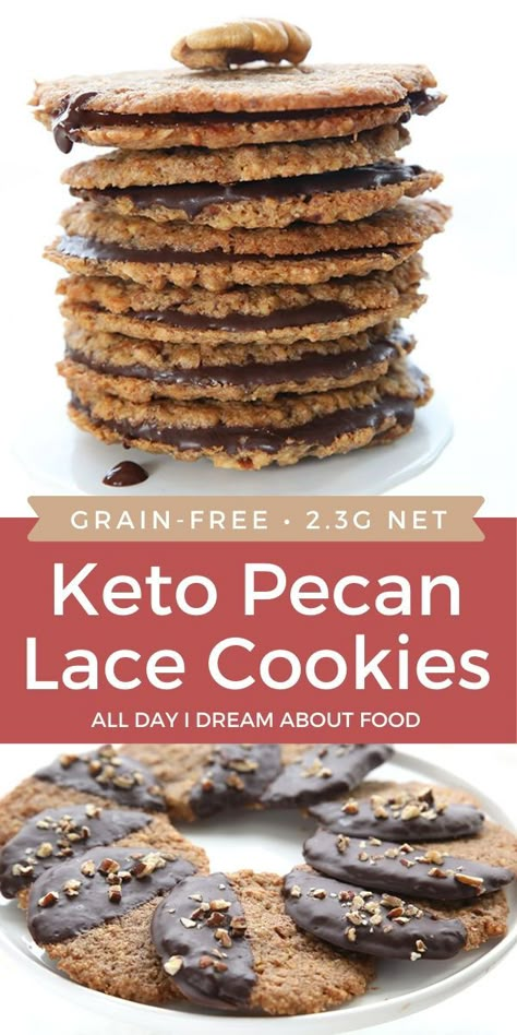 Delicate and crispy pecan cookies dipped in sugar-free chocolate. Use these sweet keto lace cookies to make decadent sandwich cookies too! Keto Lace Cookies, Pecan Lace Cookies, No Bake Caramel Cookies, Lace Cookies Recipe, Keto No Bake, Tasty Cookies, Lace Cookies, Keto Cookie Recipes, Cookies To Make