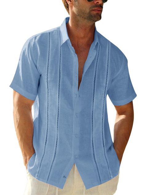 PRICES MAY VARY. Material: 70% Cotton & 30% Linen, high quality fabric, this guayabera shirts for men are made of soft and lightweight cotton material, which makes you comfort and handsome Features: Short sleeve, button down, cuban tops, guayabera shirt, regular fit, turn down collar, and button down closure Occasion: The best choice for gym, parties, casual wear, the beach, working out, suitable for summer, or give it to your friends as a gift Care Instructions: Machine wash cold setting keeps Mens Guayabera Shirts, Cuban Shirts, Short Sleeve Tops Casual, Guayabera Shirt, Linen Shirt Men, Mens Linen, Mode Casual, Mens Plus Size, Beach Shirts