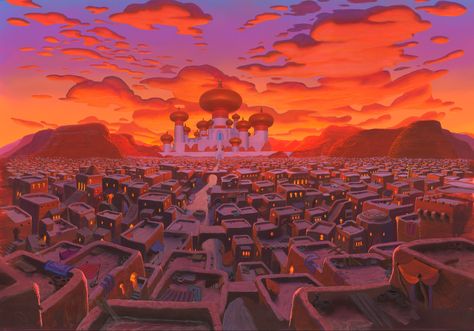 Concept art for Agrabah from Disney's Aladdin Aladdin Wallpaper, Desert Background, Aladdin 1992, Arabian Night, Disney Concept Art, Disney Aladdin, Old Disney, Disney Aesthetic, Disney Studios