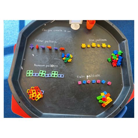 Eyfs Early Morning Work, Pattern Tuff Tray, Pattern Tuff Tray Ideas, Pattern Activities Eyfs, Numicon Tuff Tray, Pattern Eyfs, White Rose Maths, Play Based Classroom, Maths Eyfs