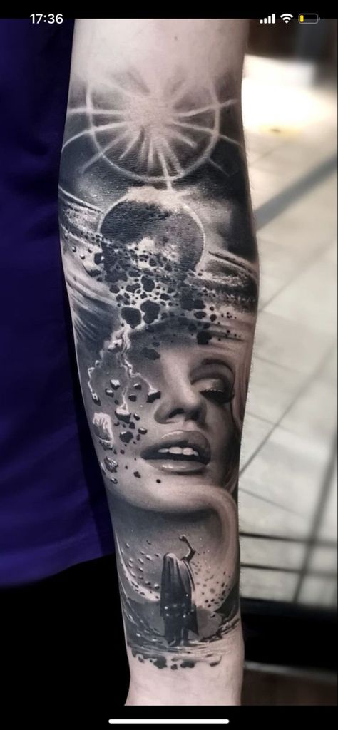 Sea To Space Tattoo Sleeve, Higher Being Tattoo, Portrait Tattoo Background Ideas, Ryan Tattoo, Tattoo Alien, Galaxy Tattoo Sleeve, Space Tattoo Sleeve, Gay Tattoo, Face Tattoos For Women