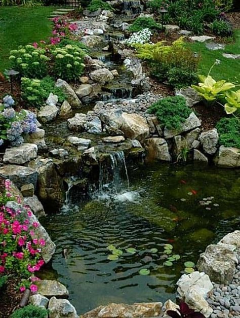 53 Incredibly fabulous and tranquil backyard waterfalls Cottage Patio, Ponds For Small Gardens, Garden Pond Design, Small Pond, Sloped Backyard, Garden Waterfall, Pond Waterfall, Natural Pond, Pond Landscaping