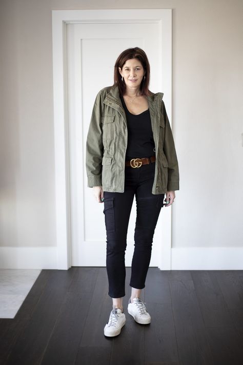 Styling a Utility Jacket - StyleDahlia Outfits Olive Utility Jacket Outfits, Summer Topper, Utility Jacket Outfit, Sam Edelman Heels, Olive Jacket, Versatile Jacket, Golden Goose Sneakers, Chambray Top, Cupcakes And Cashmere