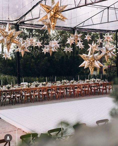 Hanging Stars Wedding, Star Ceiling Wedding, Celestial Backyard Wedding, Under The Stars Wedding Theme, Astronomy Wedding Theme, Celestial Disco, Stars Wedding Theme, Star Wedding Decorations, Starry Night Backdrop