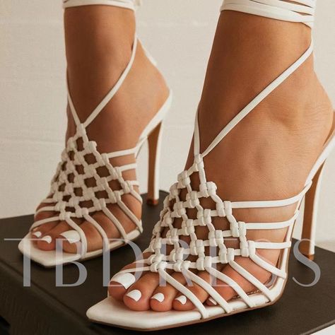 Stiletto Heel Plain Lace-Up Open Toe Western Sandals Custom Heels, Bohemian Sandals, High Heels Black, Shoes Diy, Lace Up High Heels, Pleaser Shoes, Square Toe Heels, Super High Heels, Pu Heels