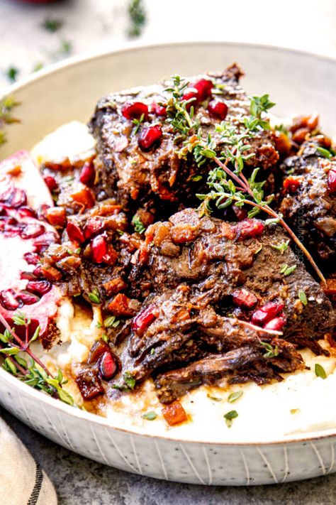 Short Ribs with Pomegranate Balsamic glaze // Carlsbad Cravings Short Ribs In Oven, Cooking Short Ribs, Boneless Short Ribs, Braised Beef Short Ribs, Balsamic Sauce, Beef Short Rib Recipes, Short Ribs Recipe, Carlsbad Cravings, Crockpot Soup Recipes