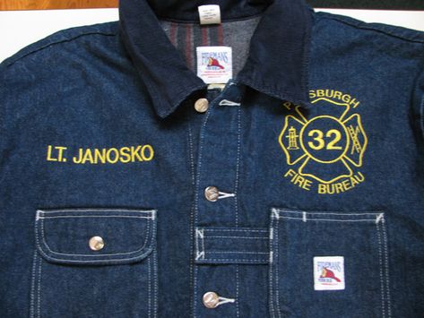 Denim Work Jacket,FDNY,Indianapolis,Chicago,Boston Fire Department Firefighter Jacket, Terry Farrell, Firefighter Humor, Chore Coat, Style Coat, Work Jacket, Work Jackets, Fire Department, Vintage Jacket