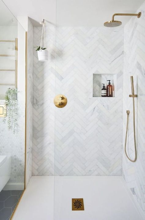 50 Eye-Catchy Bathroom Herringbone Tile Ideas - Shelterness Dream Bathrooms Luxury Master Bath Marble, Marble Herringbone Shower Tile, Classic Shower Design, Lowes Shower Tile, White Bathroom Accent Wall, Herringbone Tiles Bathroom, Master Shower Ideas Walk In, Master Ensuite Bathroom Luxury, Neutral Shower Tile