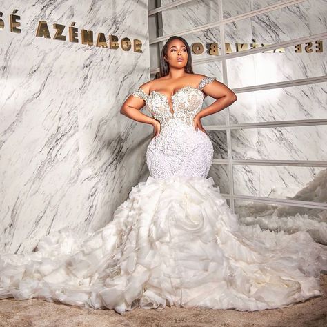 Weddings OnPoint on Instagram: “Love this 2 in 1 wedding gown by @eseazenabor. Style #4083 @thehollandvictoria 📸@mo_storyteller #weddingsonpoint” Peacock Wedding Dresses Plus Size, Curvy Wedding Dress Mermaid, Dream Wedding Dresses Black Women, Mermaid Wedding Dress With Ruffles, Blue Bridal Gown, Swarovski Dress, Black Weddings, Famous Wedding Dresses, Plus Size Bridal Gowns