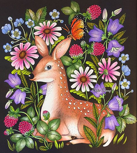 Chris Cheng, Deer Flowers, Lisa Smile, Twilight Garden, Colouring Inspiration, Mona Lisa Smile, Gardens Coloring Book, Coloring Inspiration, Coloring Supplies