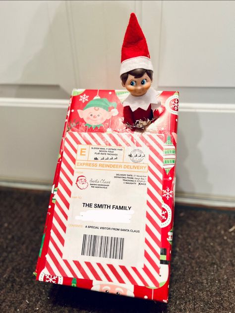 Our elf arrived via Express Reindeer Delivery! Elf On The Shelf Package, Elf On The Shelf Delivery Ideas, Elf On The Shelf Welcome, Elf Delivery, Elf Ideas Easy, Wedding Marketing, Elf Ideas, Shelf Ideas, Christmas Market