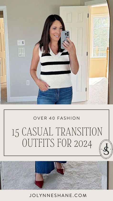 Jo-Lynne Shane is sharing 15 casual transitional outfits to try this fall. These looks can be adapted for the work place or dressed up for date night by swapping the jeans for pants and wearing a dressier shoe. Follow for more women's autumn outfit ideas, feminine style and styling tips for women over 40. Ankle Chinos Outfit Women, Stylish 40 Year Old Outfits, Cute Casual Jean Outfits, Grey Pants Outfit Summer, Short Sleeve Fall Outfits, Chino Outfit Women, Dressing In Your 40's For Women, 40s Outfits For Women, Late Summer Early Fall Outfits