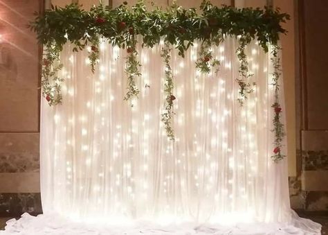 Wedding Light Wall, White Back Drop With Lights, Curtains With Lights Backdrop, Lighted Backdrop Wedding, Tulle Backdrop Wedding, Fairy Light Wedding Backdrop, Sheer Backdrop With Lights, Twinkle Light Backdrop Wedding, Curtain Lights Backdrop Wedding