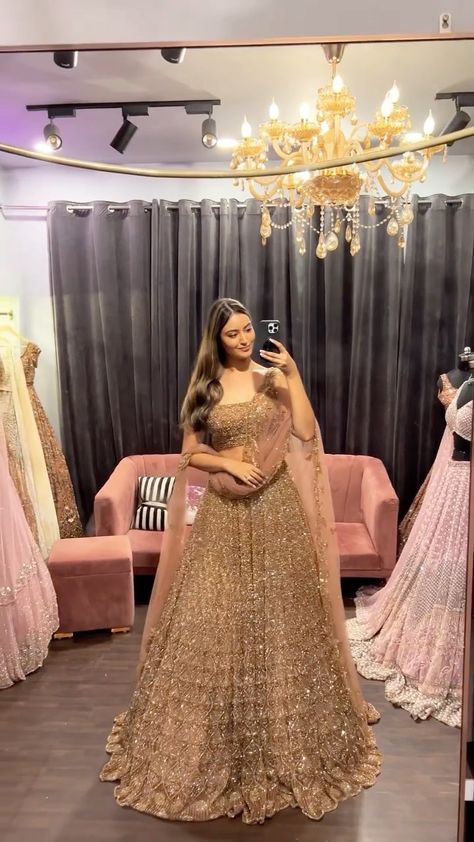 Golden Brown Lehenga, Designer Sangeet Outfits, Engagement Outfit Guest, Sangeet Outfit Bridal Sangeet Outfit Bridal Indian Weddings, Bronze Lehenga, Sangeet Night Outfit, Wedding Guest Outfit Indian, Lehenga Design For Engagement, Sangeet Outfit Bridal