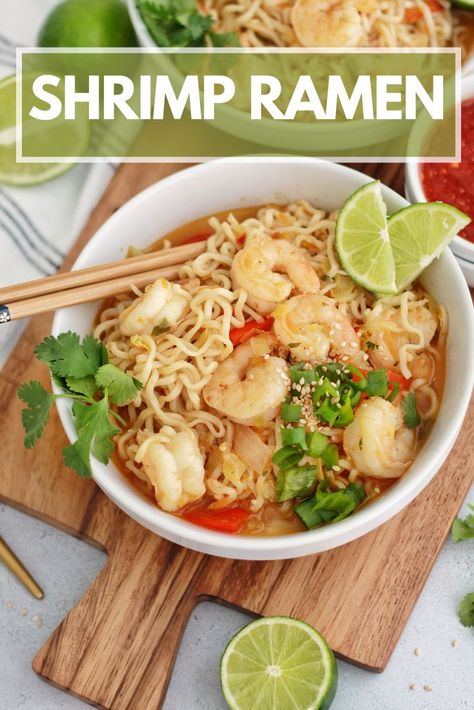 These easy Shrimp Ramen Bowls use pantry ingredients that you already have on hand. Quick, delicious lunch or dinner that can be made in less than 30 minutes! Shrimp Ramen Soup Recipes, Shrimp And Ramen Noodle Recipes Easy, Easy Shrimp Ramen, Ramen With Shrimp, Shrimp Ramen Soup, Shrimp Ramen Noodle Recipes, Ramen Soup Base, Shrimp Ramen Soup Noodle Bowls, Top Ramen Recipes