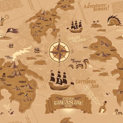 Free Vector | Vintage seamless pattern showing map for treasure search with pirate sailboats and islands Cartoon Island, Carribean Sea, Maritime Poster, Sea Vector, Pirate Treasure Maps, Pirate Island, Map Pattern, Pirate Adventure, Concept Map