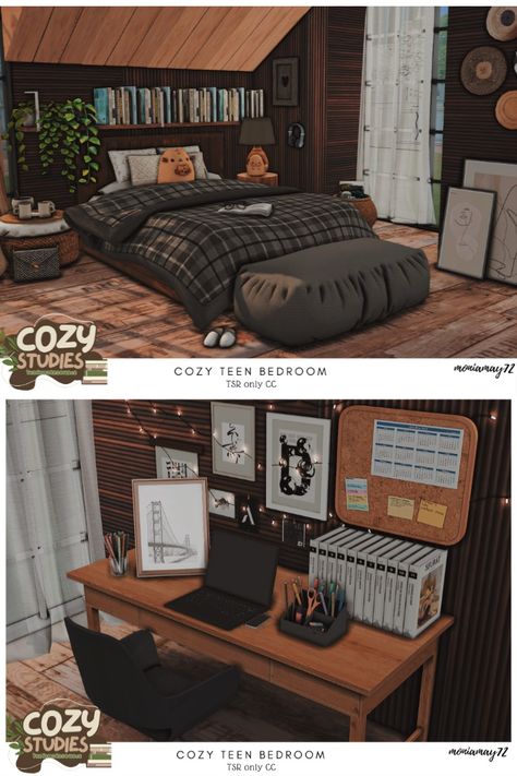 The Sims 4 University Housing teen bedroom interior Cozy Studies Collab. Back to school. Download at @thesimsresource #ShowUsYourBuilds #thesims4 #Sims4 #sims4game #ts4house #ts4build #ts4builds #ts4nocc #ts4mm #simsbuilds #ts4 #sims4housebuild #sims4house #sims4home #sims5 #sims4build #simshousedesign #thesims4housebuild . Download here: https://www.thesimsresource.com/downloads/1713095 The Sims 4 Cc Trash Can, Sims 4 Pallet Bed, Loft Cc Sims 4, Sims 4 Cc Black Bedroom, Cozy Bedroom Bloxburg, Sims 4 Rooms Download, Black Sims 4 Cc House, Sims 4 Cc Male Decor, Ts4 Interior Design