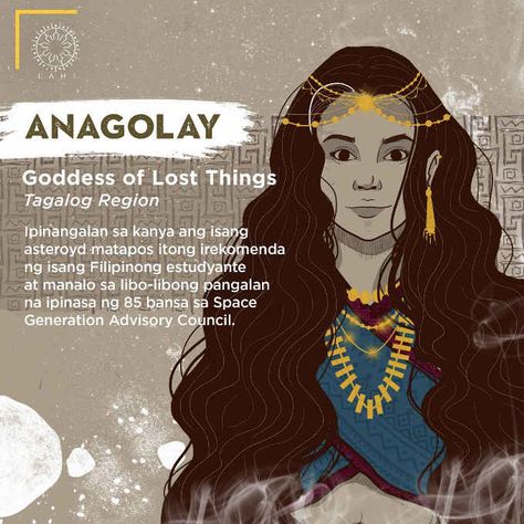 Anagolay "Goddess of Lost Things" Filipino Mythology Gods, Anagolay Goddess, Filipino Gods And Goddesses, Philippines Mythology Goddesses, Filipino Goddess, Filipino Names, Filipino Mythology, Philippine Mythology, God Of The Sun