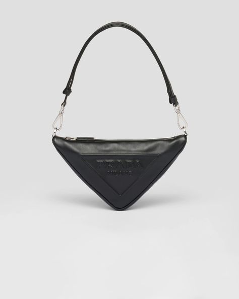 Prada Mini, Prada Triangle, White Shoulder Bags, Prada Women, Bag Outfit, Womens Designer Bags, Geometric Logo, Triangle Logo, Leather Mini