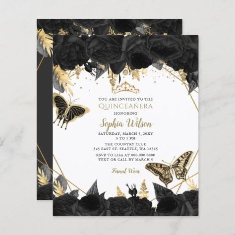 $1.38 | Budget Black Gold Butterfly Quincea�era Invitation #quinceanera, glitter, mis quince, gold, vintage, tiara, mis princess crown, butterfly, elegant, black Black Quinceanera Theme, Bday Invitation Card, Quinceñera Invitations, Butterfly Sweet 16, Black And Gold Invitations, Quince Invitations, Butterfly Invitations, Quinceanera Dresses Gold, 50th Birthday Party Invitations