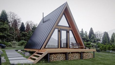 Affordable Barndominium, House On A Budget, Shipping Container Pool, A Frame Cabin Plans, Triangle House, Container Pool, Beauty House, Homes Ideas, Tiny House Loft