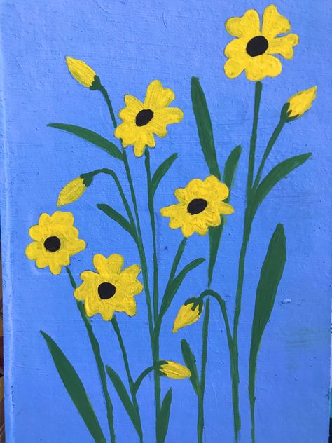 Easy painting on cardboard Small Yellow Flowers Painting, Cardboard Art Painting Easy, Cool Easy Paintings On Canvas Aesthetic, Drawing Ideas On Cardboard, Yellow Easy Painting, Simple Flower Painting Ideas For Beginners, Yellow Flower Painting Easy, What To Paint Easy For Beginners, Easy Big Paintings