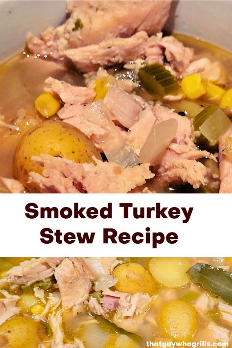 Need a hearty and flavorful stew recipe? This Dutch Oven Smoked Turkey Stew recipe is a great way to make comfort food from leftover holiday turkey! To smoke baby potatoes, carrots, and other vegetables, and cook this on your pellet grill in a cast iron Dutch oven!   via @guywhogrills Turkey Stew, Holiday Turkey, Potatoes Carrots, Holiday Dinners, Cast Iron Dutch Oven, Smoker Recipes, Leftover Turkey, Stew Recipe, Baby Potatoes