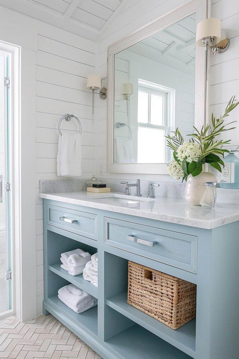 40 Inspiring Coastal Bathroom Designs for Your Dream Seaside Escape Beach House Bathroom Ideas, Nautical Bathroom Design Ideas, Coastal Bathroom Design, Coastal Bathroom Decor, Cottage Bathroom Ideas, Beach House Bathroom, Green Vanity, House Of Turquoise, Beach Theme Bathroom