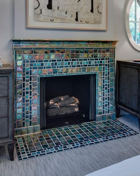 Mosaic Tile Fireplace, Mosaic Fireplace, Teal Tile, Craftsman Fireplace, Craftsman Tile, Pewabic Pottery, Fireplace Fronts, Fireplace Tile Surround, Craftsman Style Home