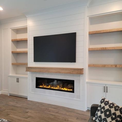 Built-ins & Cabinets — Champagne Taste Design Livingroom Tv Wall Ideas, Built In Tv Wall Unit With Mantle, Fireplace With Built In Bookcase, Shiplap With Built Ins, Coastal Living Room Built Ins, Built In Tv Cabinet With Fireplace, Cabinets And Shelves Next To Fireplace, Fireplace And Shelves Ideas, Diy Shelving Around Tv