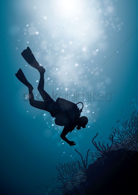 Scuba Diver Illustration, Scuba Diving Illustration, Scooba Diving, Scuba Diver Silhouette, Diver Illustration, Diving Illustration, Office Murals, Diver Art, Diving Scuba