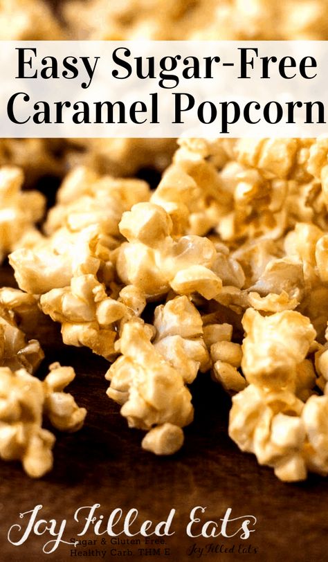 Salted Caramel Popcorn - THM E, Sugar Free, Low Fat, Gluten Free, 5 ingredients, fast and easy! My Salted Caramel Popcorn is a delight. It only takes 5 ingredients and 15 minutes to whip up a batch of this sugar-free Trim healthy mama friendly treat. #thm #trimhealthymama #glutenfree #grainfree #glutenfreerecipes #recipes #desserts #dessertrecipes #sugarfree #snacks #popcorn #kidfriendly Healthy Caramel Popcorn Recipe, Thm Fall Recipes, Sugar Free Caramel Popcorn, Healthy Caramel Popcorn, Trim Healthy Mama Snacks, Low Carb Popcorn, Whole30 Desserts, Trim Healthy Mama Diet, Thm Snacks