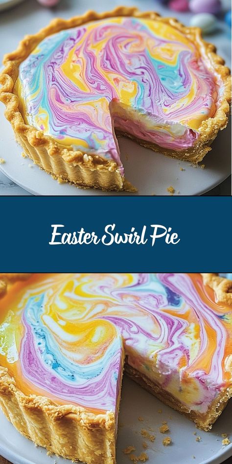 Easter Swirl Pie is a beautiful, creamy, and festive dessert featuring vibrant pastel swirls in a light, fluffy cheesecake-like filling with a buttery graham cracker crust. This easy no-bake pie is perfect for Easter celebrations, spring gatherings, or any special occasion! Easter Swirl Pie No Bake, Easter Swirl Pie, Easter Pies, Baking Easter, Easter Sweet Treats, Fluffy Cheesecake, Easter Fun Food, Easter Pie, White Chocolate Shavings