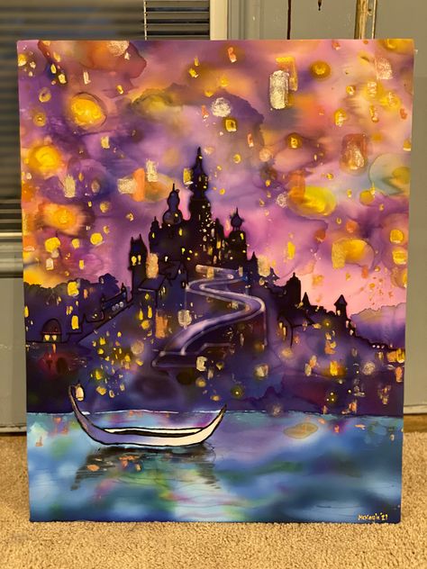 This is my silk painting on 100% raw untreated silk with dye and accents of acryllic for the laneterns. Its my first ever silk painting, and I’m proud of how it turned out! #tangled #lanternpainting #silkpainting #disneyart Tangled Watercolor Painting, Tangled Inspired Painting, Bestie Canvas Painting, Tangled Lanterns Painting, Lanterns Drawing, Tangled Painting Ideas, Rapunzel Painting, Garfield Cake, Disney Painting