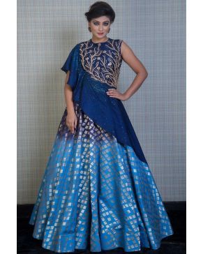 Blue Raw Silk Zari Woven Evening Gown-GW756 Designer Bridal Lehenga Choli, Western Dresses For Women, Gown Party Wear, Long Gown Design, Womens Trendy Dresses, Long Gown Dress, Long Dress Design, Indian Gowns Dresses, Indian Gowns