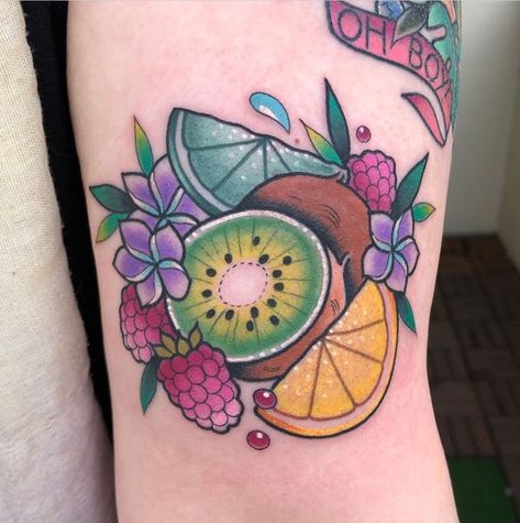 50 Best Fruit Tattoo Designs - The XO Factor Mango Tattoo Traditional, Basket Of Fruit Tattoo, Tropical Fruit Tattoo, Fruit Salad Tattoo, Cute Food Tattoos, Fruit Tattoo Sleeve, Fruit Bowl Tattoo, Small Fruit Tattoos, Traditional Fruit Tattoo