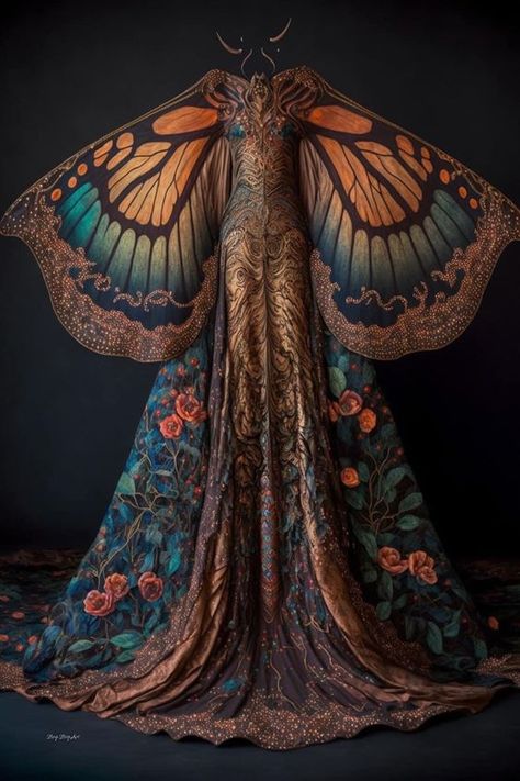 Camp Prom Dresses, Moth Inspired Dress, Butterfly Dress Design, Butterfly Suit, Moth Dress, Insect Dress, Magical Fashion, Wing Dress, Bug Dress