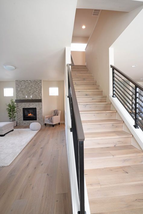 Hardwood flooring stairs. Beautiful hardwood floor with wide planks and contemporary look Stairs And Floor Different Color Wood, Flooring Trends 2020, Woodpecker Flooring, Wood Floor Pattern, Wood Floor Design, Hardwood Floor Colors, Herringbone Wood Floor, Flooring For Stairs, Wood Floor Kitchen