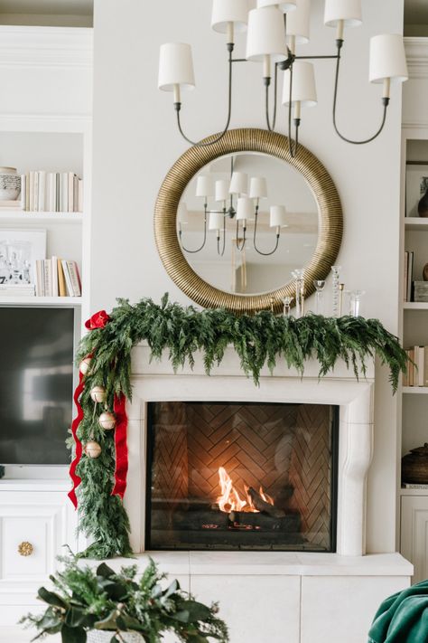 Christmas Mantle With Tv Above, Grandmillennial Christmas, Holiday Mantle, Holiday Home Tour, Snowman Christmas Decorations, Christmas Mantel Decorations, Christmas Mantle, Christmas Fireplace, Christmas Mantels