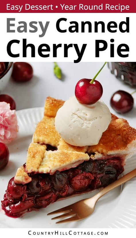 Spring, summer, fall – It's always time for canned cherry pie! The easy homemade cherry pie recipe is made with canned cherries and a beautiful lattice crust. Topped with ice cream or whipped cream, this rich, fruity pie is a hit! No need to wait for cherry season when you can bake the best canned cherry pie recipe! There is nothing like homemade cherry pie with a buttery, flaky pie crust and a gooey filling. It's not too sweet, and the cherries are tender and juicy. | CountryHillCottage.com Canned Cherry Pie Recipe, Vegan Cherry Pie Recipe, Canned Cherry Pie, Homemade Cherry Pie, Cherry Pie Filling Recipes, Sour Cherry Pie, Ready Made Pie Crust, Lattice Crust, Almond Pie