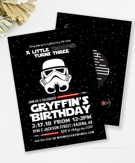 In a galaxy not so far away ... these Star Wars party invitations are perfect for a little trooper that prefers the dark side. // mkkmdesigns Star Wars Party Printables, Star Wars Theme Party, Star Wars Invitations, Star Wars Birthday Party, Birthday Themes For Boys, Birthday Party Invitation Templates, Star Wars Birthday, Star Wars Party, Birthday Invitations Kids