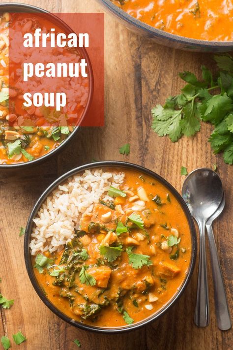 Rich, creamy, and packed with flavor! Made with sweet potato chunks and hearty kale, this African peanut soup is perfect for dinner and easy to make. Naturally vegan and gluten-free too! #veganrecipes #peanutsoup #vegansoup West African Sweet Potato Peanut Soup, African Peanut Soup Vegan, African Sweet Potato Peanut Stew, Sweet Potato Peanut Soup, African Sweet Potato Soup, African Sweet Potato Recipes, Vegan Sweet Potato Soup Recipes, African Soup Recipes, Peanut Soup African