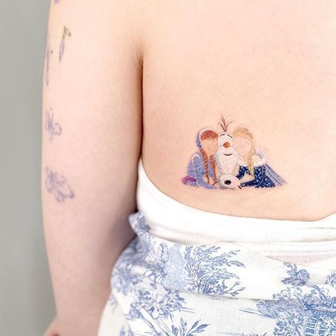 Anna, Elsa, and Olaf Tiny Disney Tattoo, Frozen Tattoo, Disney Tattoos Small, Disney Sleeve Tattoos, Snow Flake Tattoo, Cute Simple Tattoos, Disney Olaf, Disney Princess Tattoo, Literary Tattoos