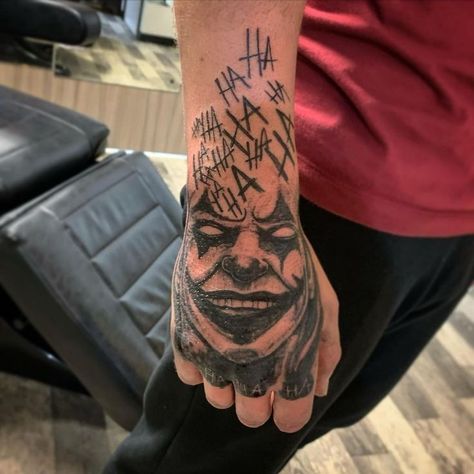 Hand Tattoo Designs Men, Joker Hand Tattoo, Hand Tattoos Men, Tato Joker, Joker Hand, Hand Tattoos For Men, Tiger Eyes Tattoo, Small Tattoos Ideas, Arm Tattoos For Guys Forearm