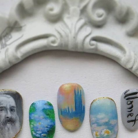 @e.v.a.h on Instagram: "Claude Monet Nail art 🎨⁣ Painted with gel paints from @wildflowersnailshop ⁣ ⁣ ⁣ ⁣ #monet #nailart #claudemonet #painting #impressionism #waterlilies #nailstagram #handpaintednailart #wildflowersnails" Monet Nailart, Monet Nail, Monet Nails, Painting Impressionism, Monet Paintings, Painted Nail Art, Nail Paint, July 1, Water Lilies